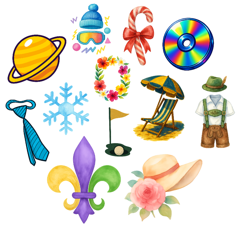 A collection of icons representing different party themes, including Marti gras, luau and Kentucky derby